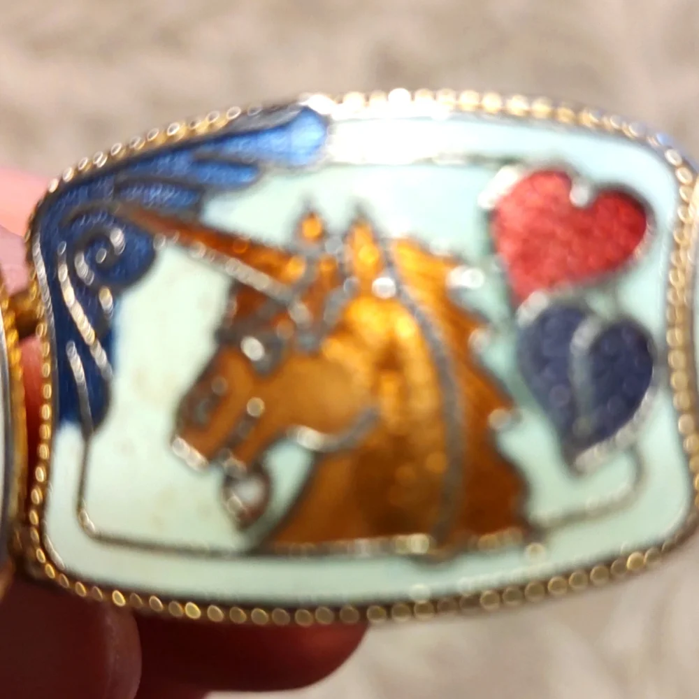 💙🦄💙Glorious 80's RARE Vintage Enameled Unicorn & Floral Hinge Bangle Bracelet - Picture 13 of 14
